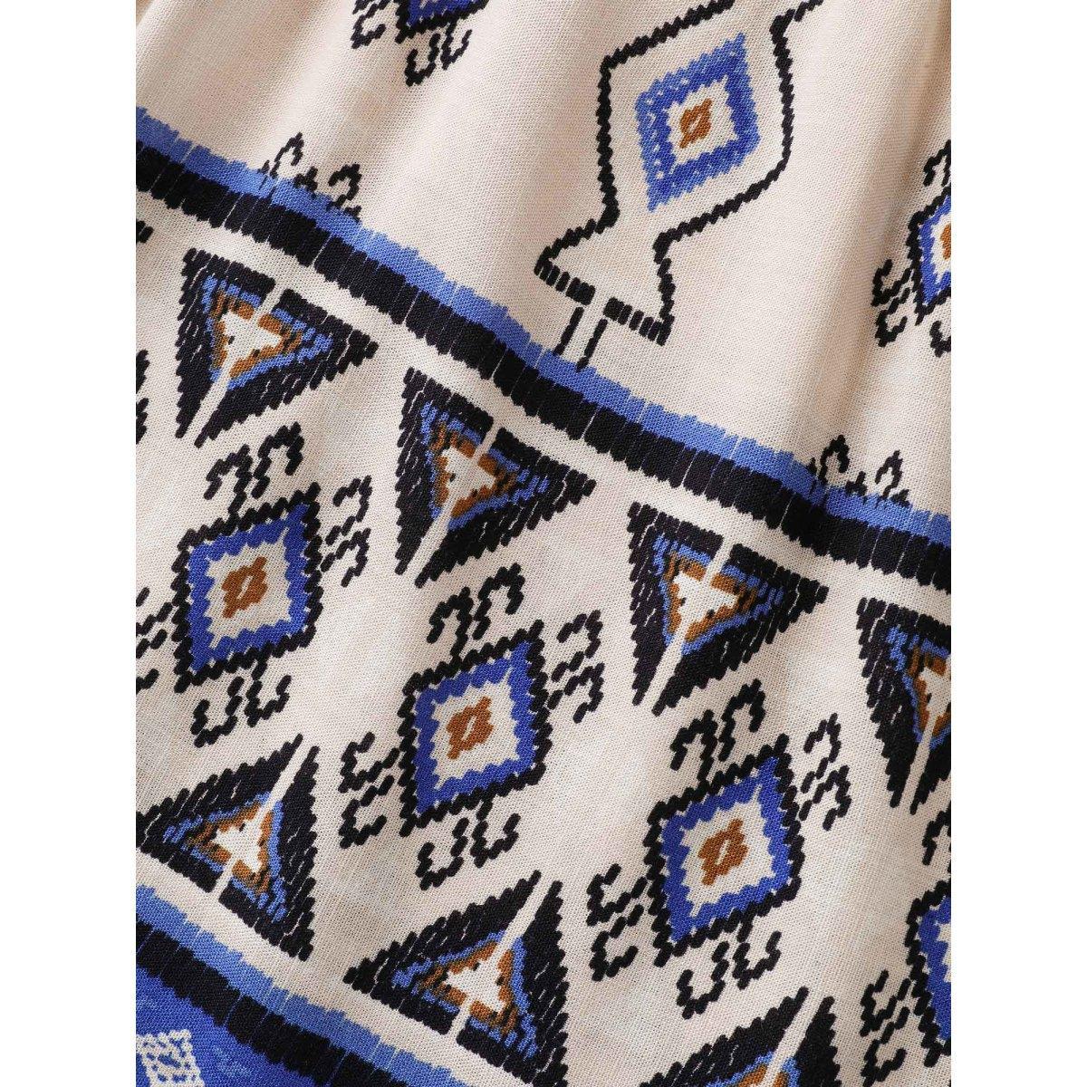 Plus Size Multicolor Boho Print Lace Detail Neck Tie Blouse Women Elbow-length sleeve Notched collar Vacation Blouses BloomChic 22-24/3X Product Image