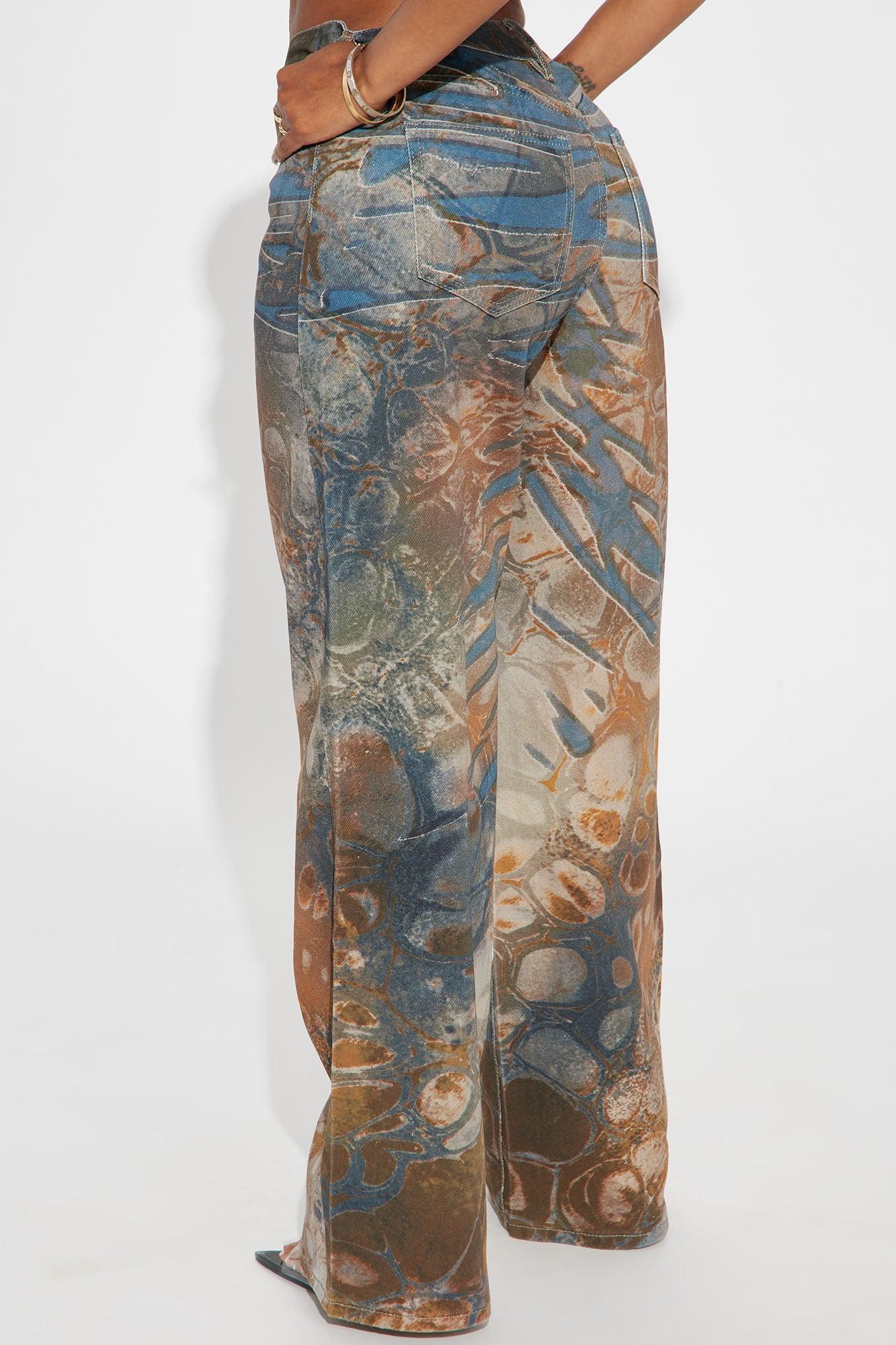 Striking A Chord Abstract Print Wide Leg Jeans - Brown/combo Product Image
