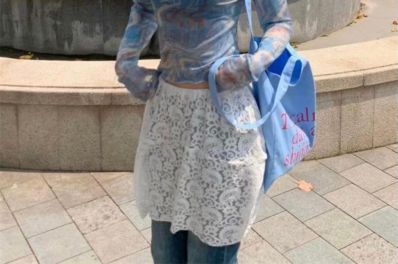 Long Sleeve Mock Neck Patterned Print Mesh Top Product Image