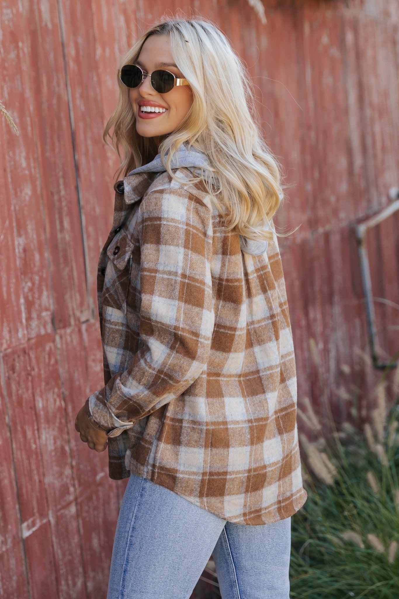 Brown Plaid Hooded Shacket - FINAL SALE Female Product Image