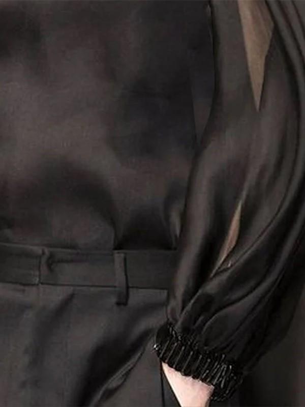 Long Sleeves Loose See-Through Solid Color Mock Neck Blouses&Shirts Tops Product Image