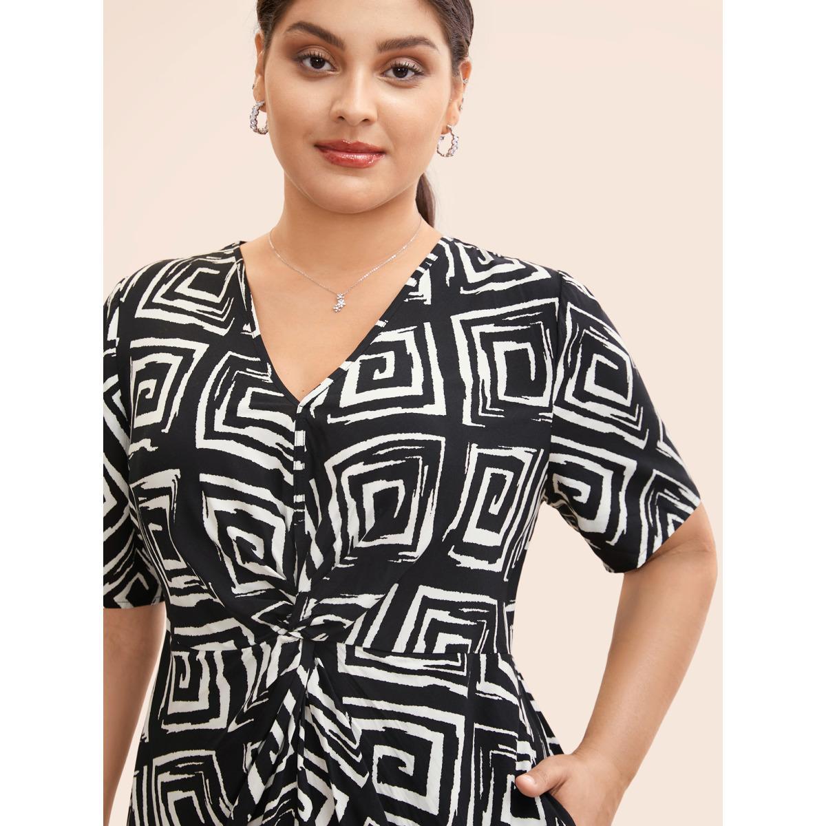 Plus Size Geometric Twist Front Midi Dress Black Women At the Office Twist V-neck Short sleeve Curvy BloomChic 22-24/3X Product Image