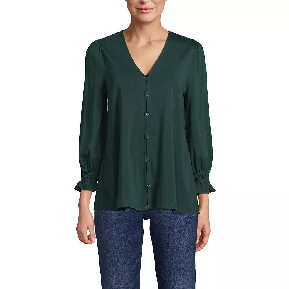 Women's Lands' End 3/4 Sleeve Lightweight Jersey Button Front Top, Size: Large, Spiced Rhubarb Product Image
