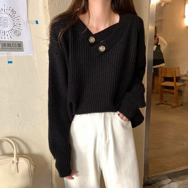 Asymmetrical Neck Plain Button Accent Sweater Product Image