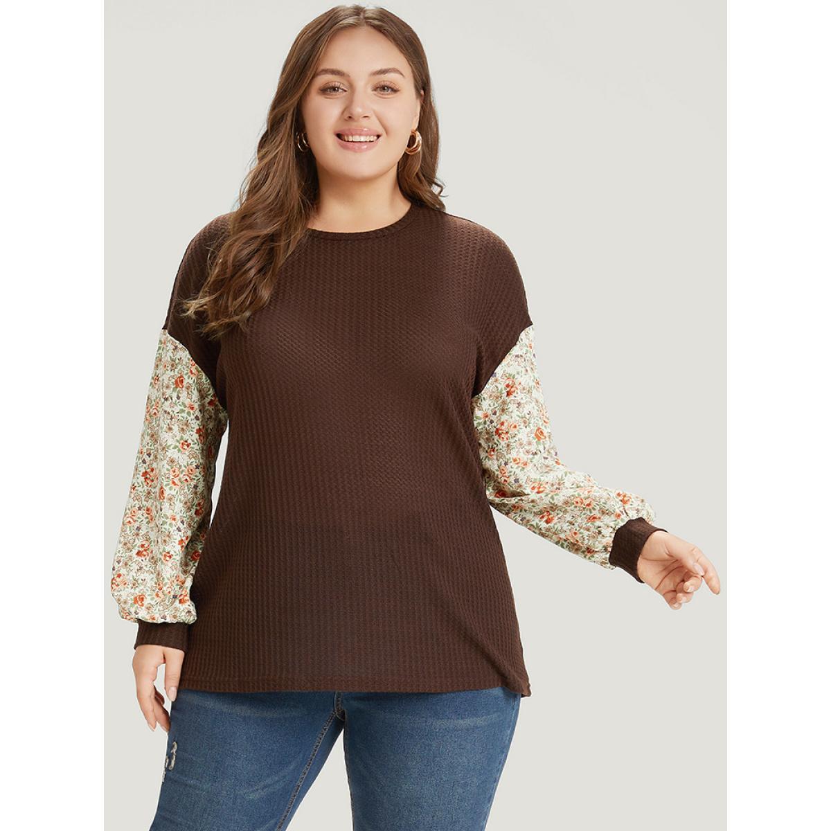 Plus Size Ditsy Floral Patchwork Lantern Sleeve Waffle Knit Sweatshirt Women DarkBrown Elegant Round Neck Dailywear Sweatshirts BloomChic 12/L Product Image
