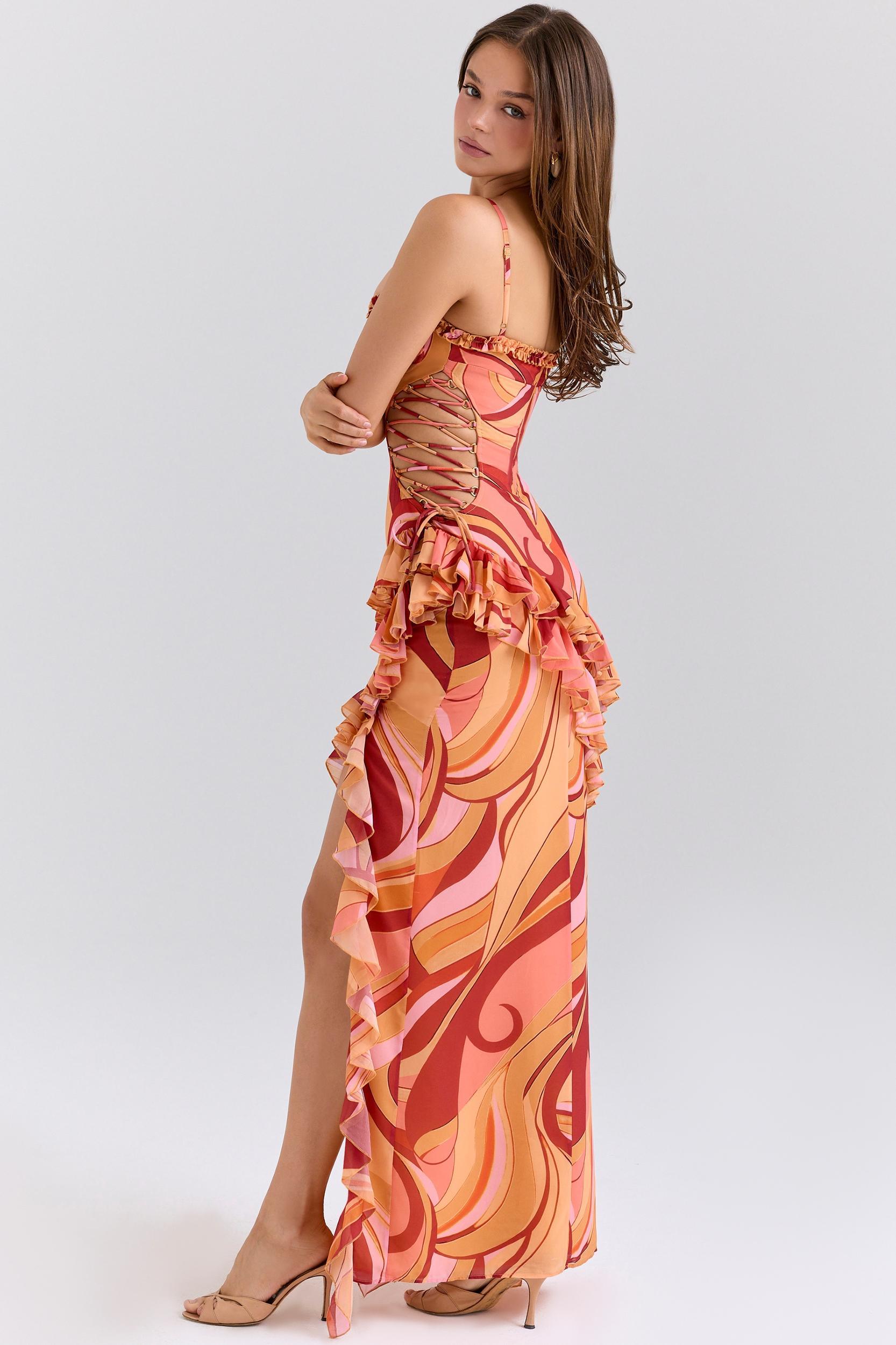Lumira  sunset swirl print ruffle cut out maxi dress Product Image