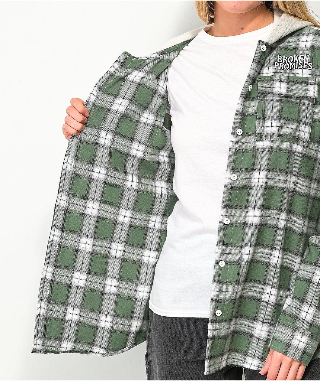 Broken Promises Fangs Green Plaid Hooded Flannel Shirt Product Image