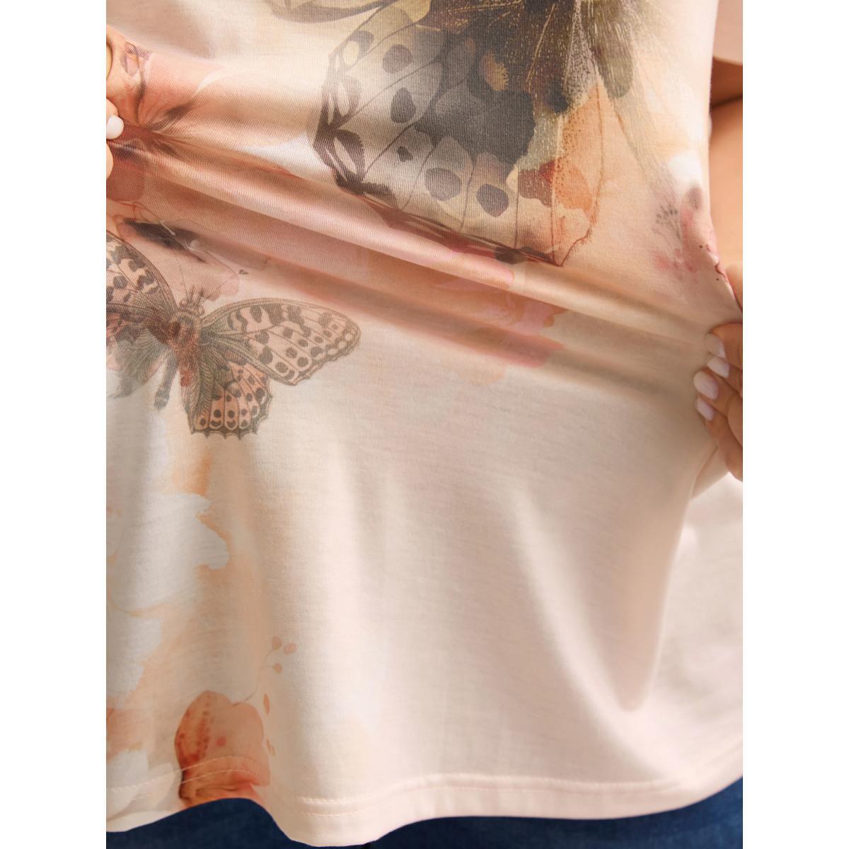 Plus Size Stretchy Butterfly Print V Neck T-Shirt Crepe Women Non Butterfly V-neck Everyday-Casual T-shirts BloomChic 12/L Product Image