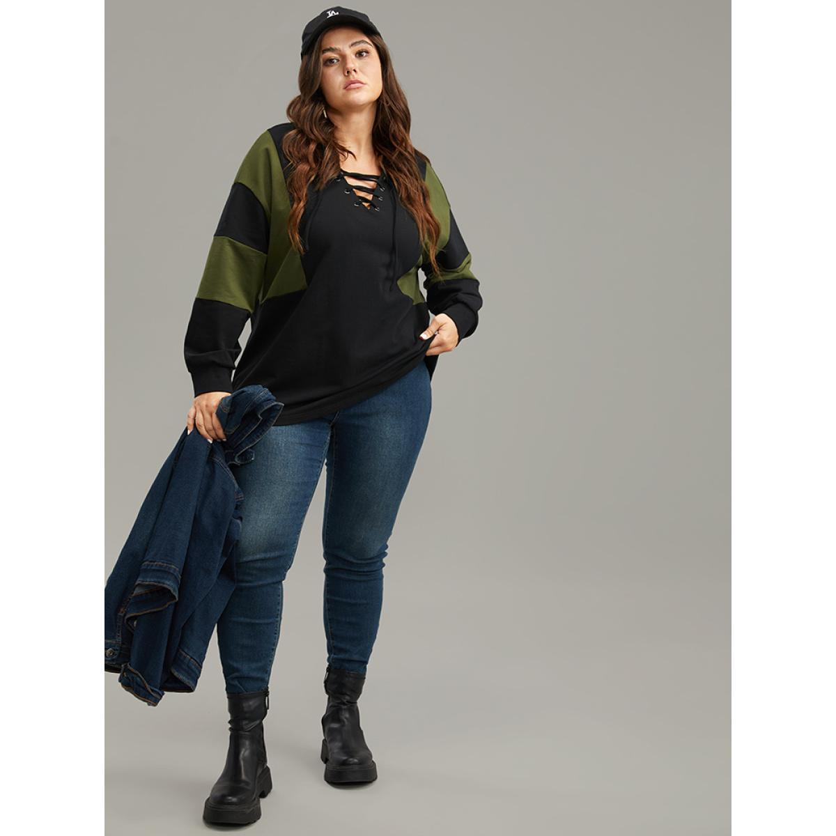 Plus Size Cotton Colorblock Contrast Lace Up Sweatshirt Women Gray Casual Elastic cuffs V-neck Dailywear Sweatshirts BloomChic 28/5X Product Image