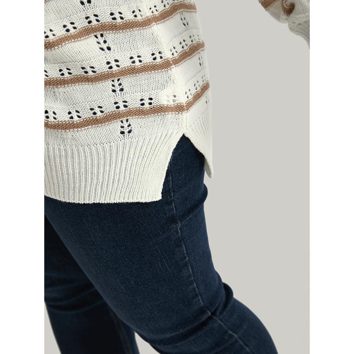 Plus Size Wave Striped Cut Out V Neck Cardigan Beige Women Casual Bodycon Long Sleeve V-neck Dailywear Pullovers BloomChic 22-24/3X Product Image