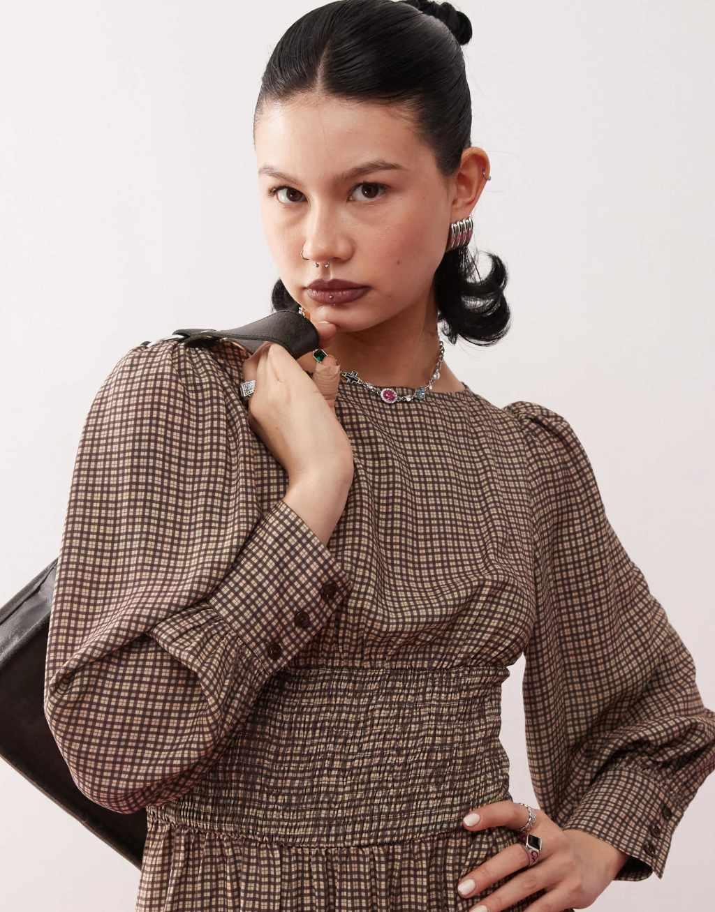 Reclaimed Vintage maxi smock dress with shirring in brown plaid Product Image