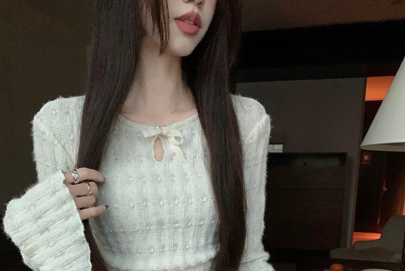 Long-Sleeve Round Neck Plain Bow Accent Cutout Crop Knit Top Product Image