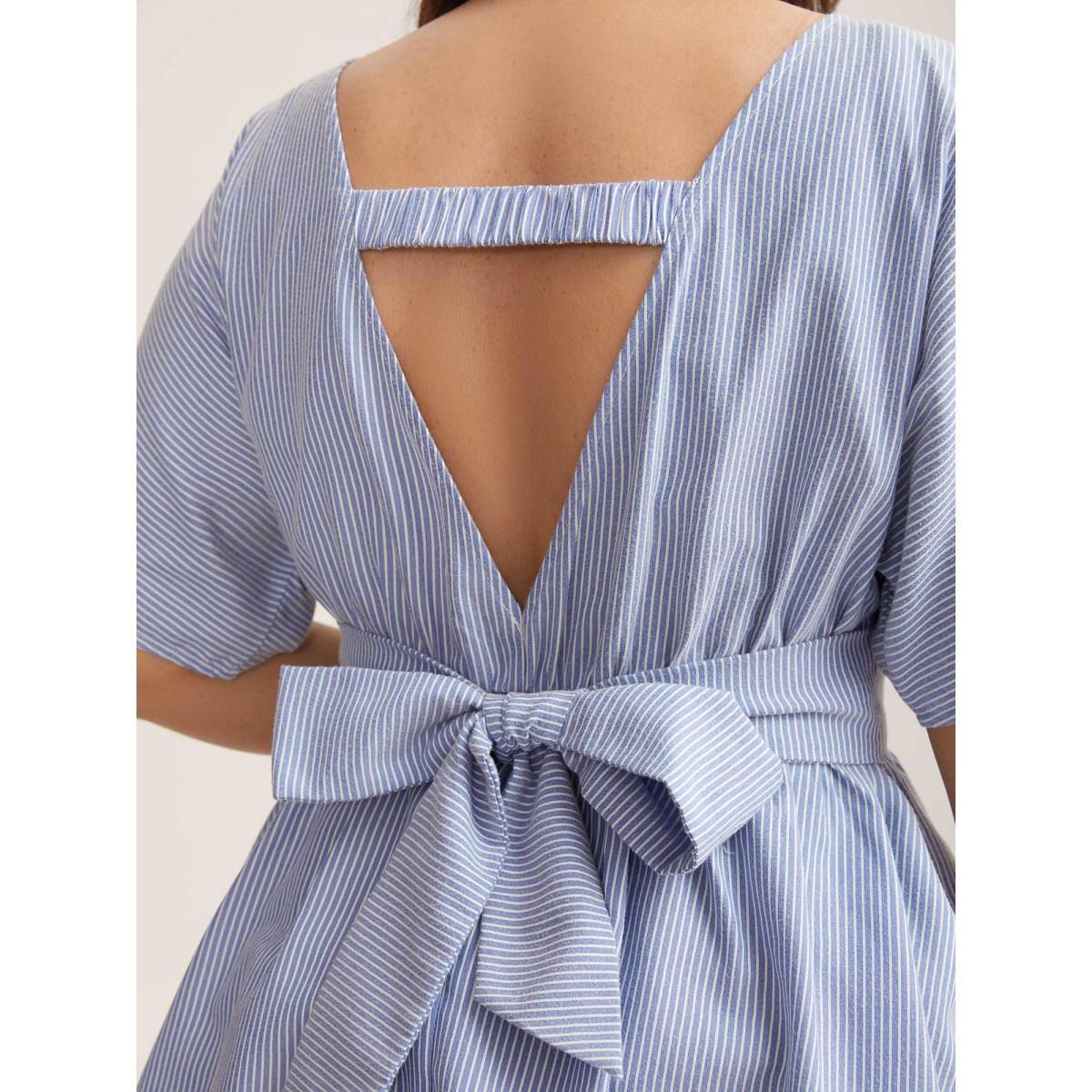 Plus Size LightBlue Backless Bow Tie Stripe Print Cinched Blouse Women Half Sleeve Boat Neck Everyday-Casual Blouses BloomChic 18-20/2X Product Image
