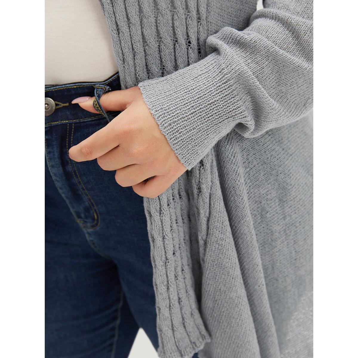 Plus Size Cable Knit Open Front Asymmetrical Hem Cardigan DarkGray Women Casual Loose Long Sleeve Dailywear Cardigans BloomChic 12/L Product Image