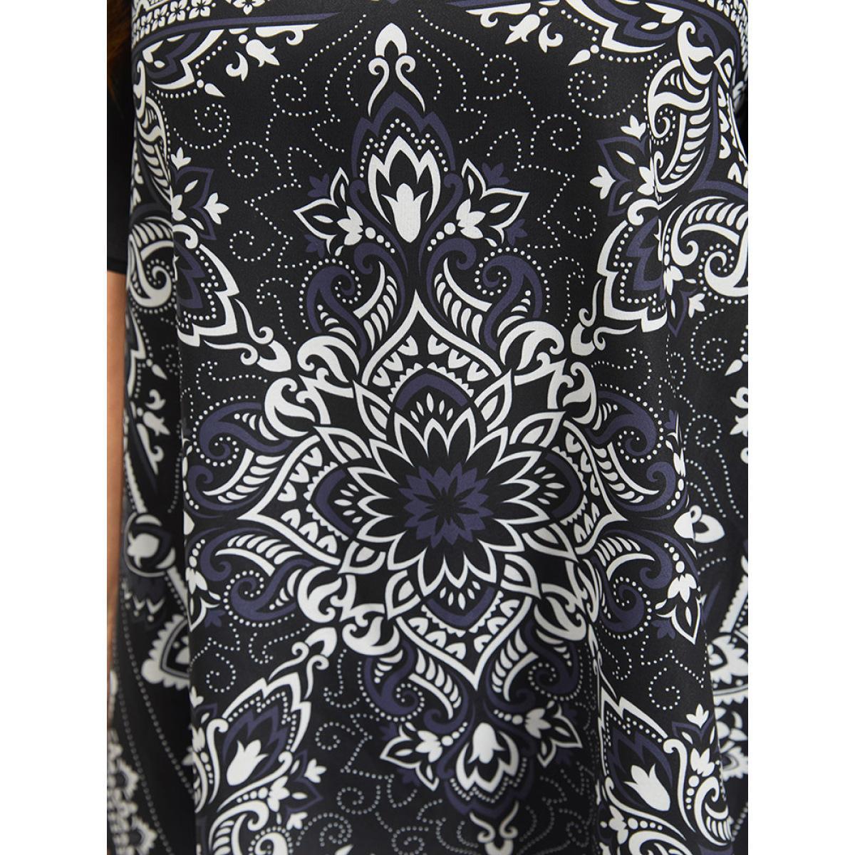 Plus Size Indigo Boho Print Crew Neck Flutter Sleeve Hanky Hem Blouse Women Vacation Short sleeve Round Neck Dailywear Blouses BloomChic 26/4X Product Image