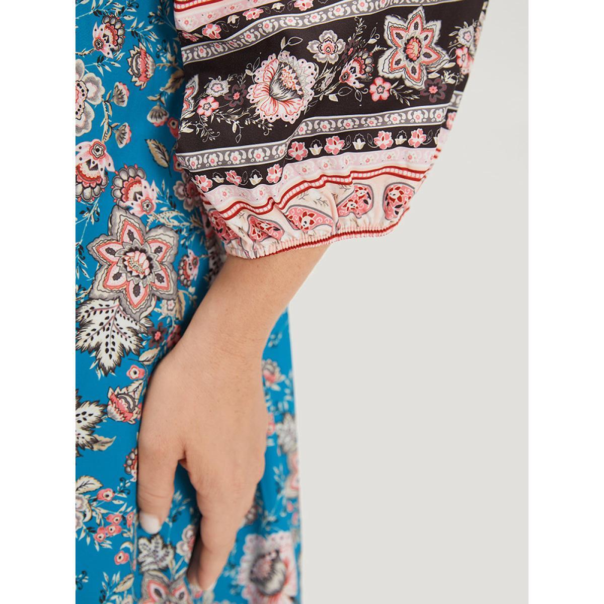 Plus Size Floral Print Notched Lantern Sleeve Contrast Dress Teal Women Vacation Elastic cuffs Notched collar Long Sleeve Curvy Midi Dress BloomChic 28/5X Product Image