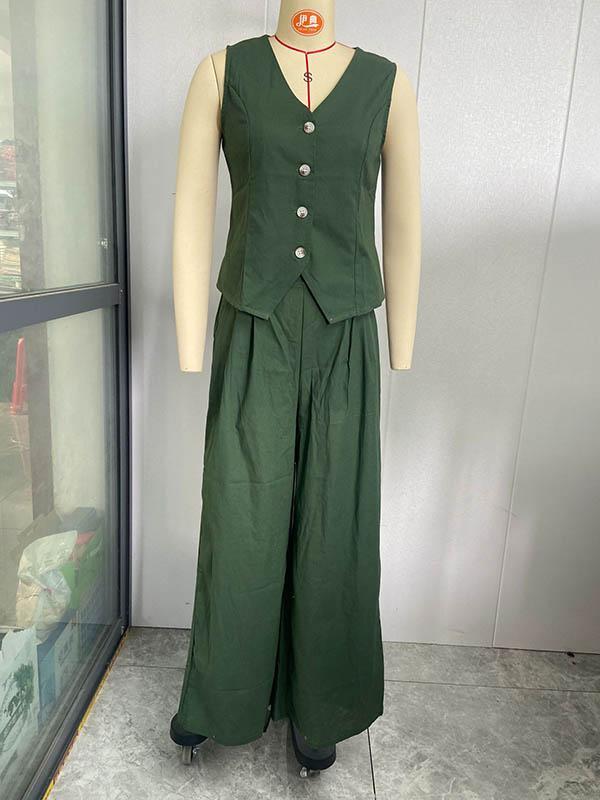 Plus Size Loose Solid Color Split-Joint V-Neck Vest + Elasticity Pants Two Pieces Set Product Image
