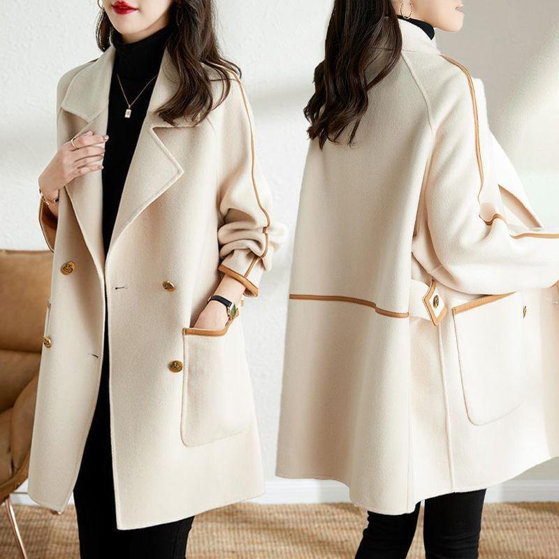 Lapel Collar Contrast Trim Midi Double-Breasted Coat Product Image