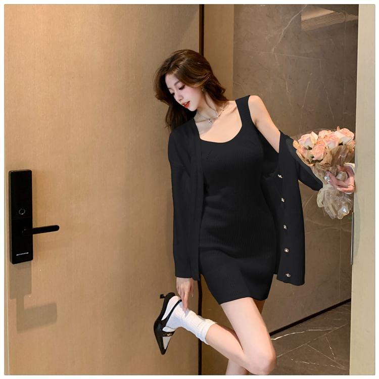 Set: Sleeveless Ribbed Mini Sheath Knit Dress + V-Neck Cardigan Product Image