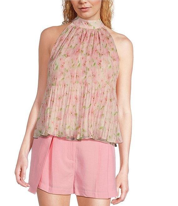 En Saison Josette Floral Printed Plisse Mock Neck Sleeveless Swing Top Product Image