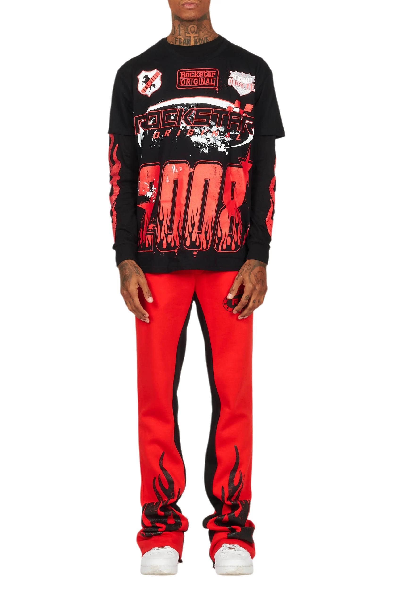 Amos Black/Red Double Layer T-Shirt/Stacked Baggy Pant Set Male Product Image