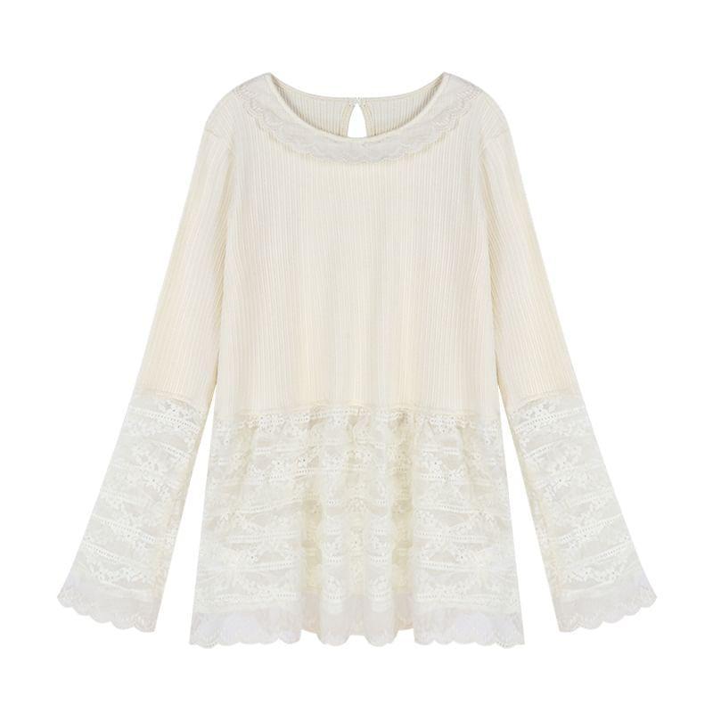 Long Sleeve Faux Leather Bow Accent Loose-Fit Jacket / Long Sleeve Plain Lace Panel Top Product Image