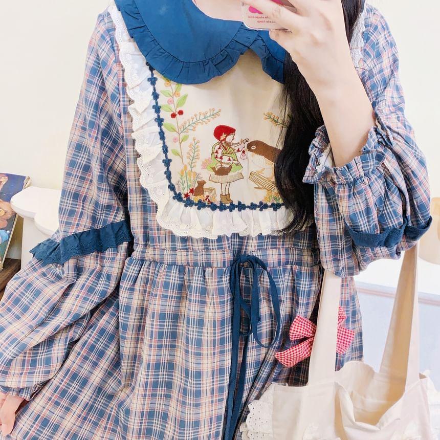 Long-Sleeve Collar Plaid Embroidered Patchwork Midi A-Line Dress Product Image