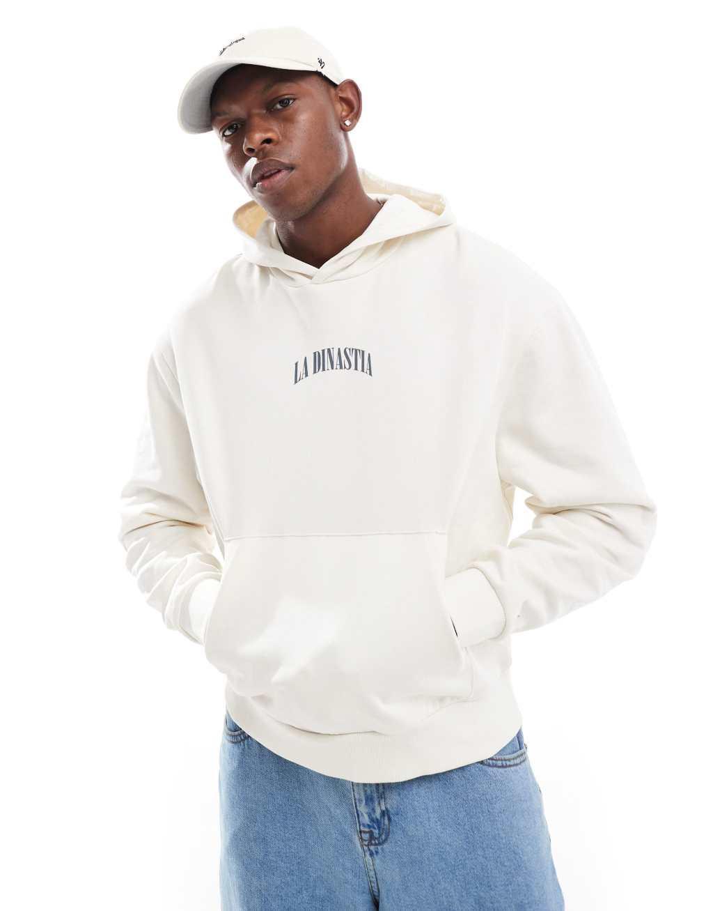 ASOS DESIGN boxy oversized hoodie with front and back print in stone Product Image