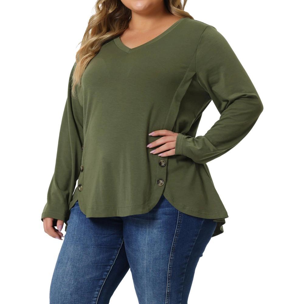 Agnes Orinda Women's Plus Size Long Sleeve V Neck Loose Fashion Buttons Tunic Blouse Product Image