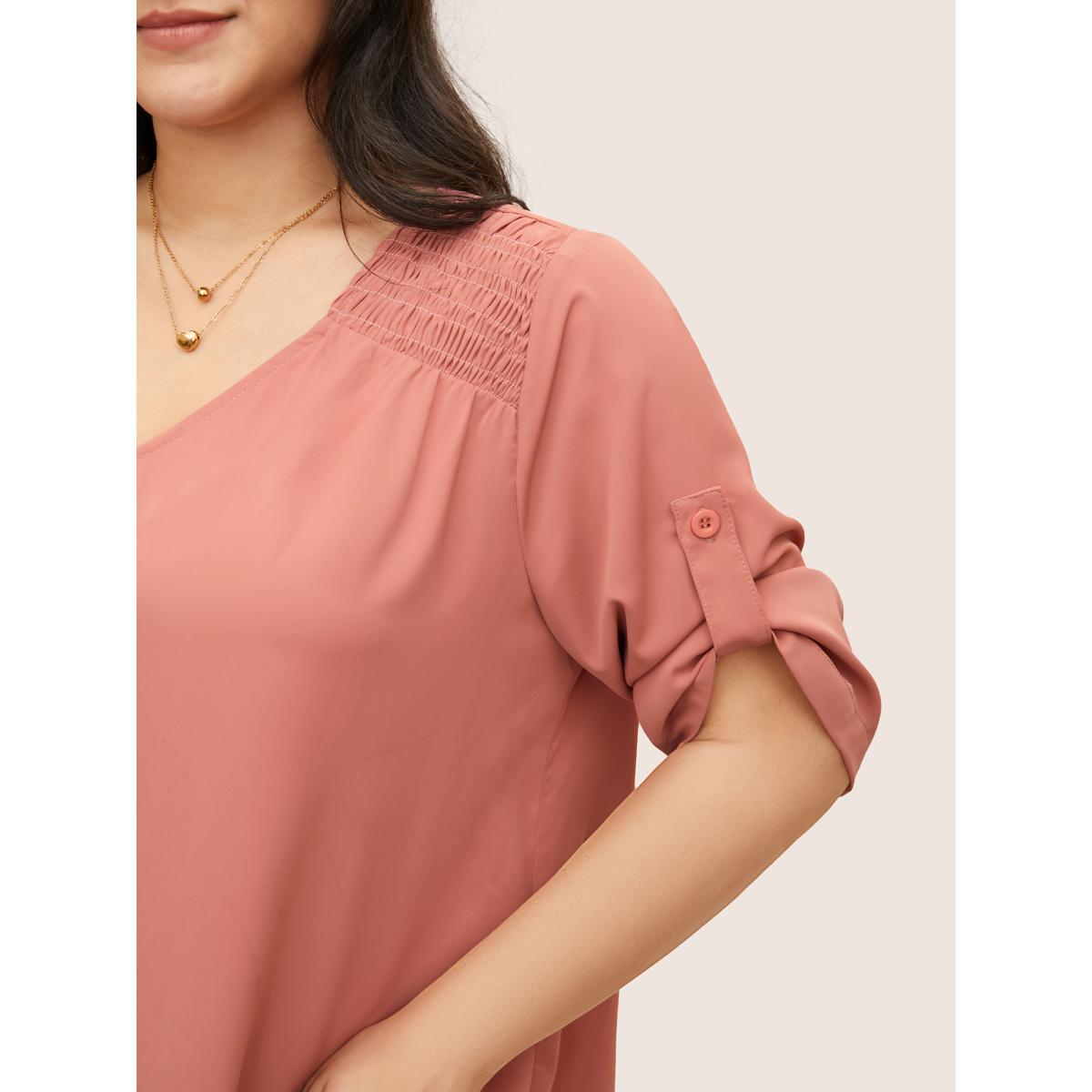 Plus Size Salmon V Neck Solid Shirred Tab Sleeve Blouse Women Work From Home Elbow-length sleeve V-neck Work Blouses BloomChic 30/6X Product Image