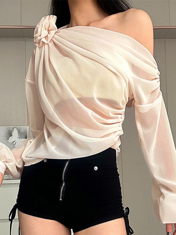 One Shoulder Flower Decoration Long Sleeves Shirts Product Image
