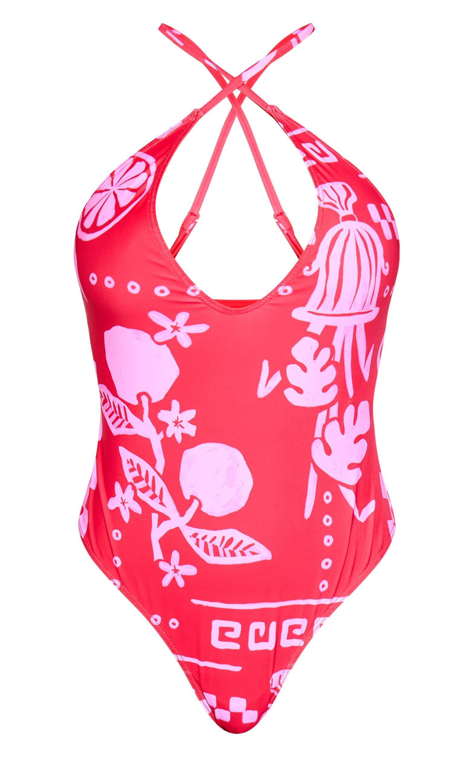 Red Tile Print Plunge Swimsuit Product Image