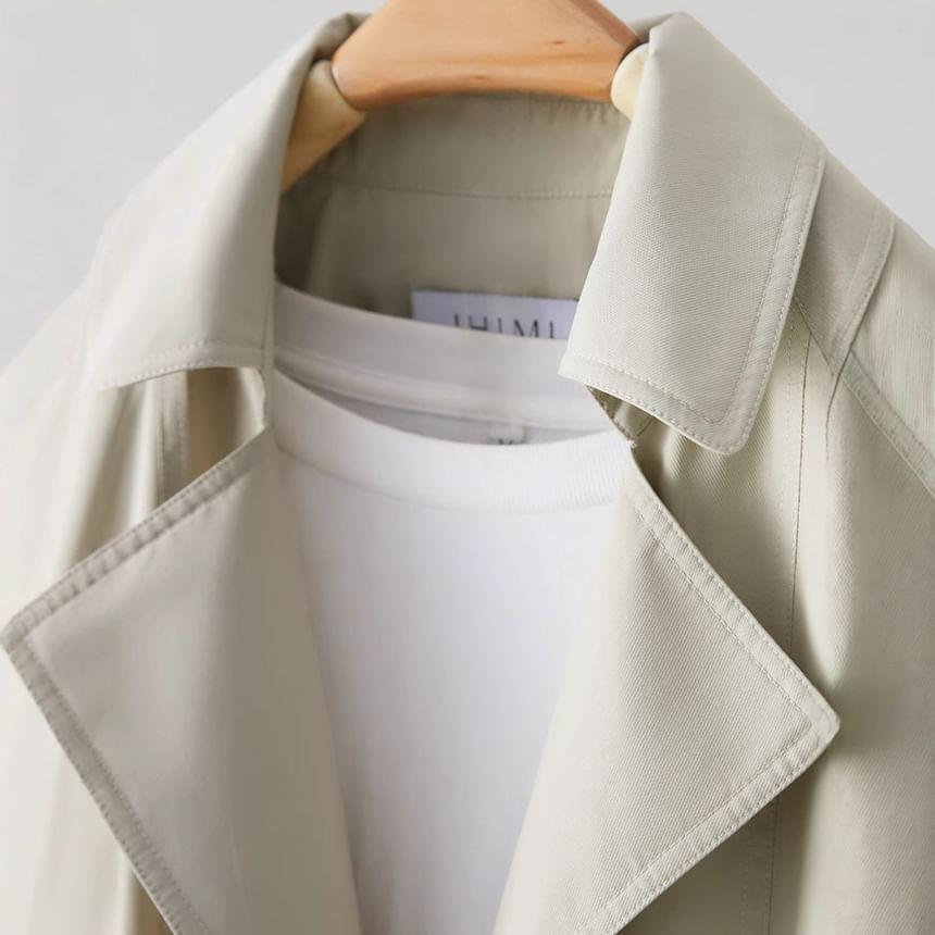 Lapel Collared Plain Double-Breasted Drawstring Waist Trench Coat Product Image