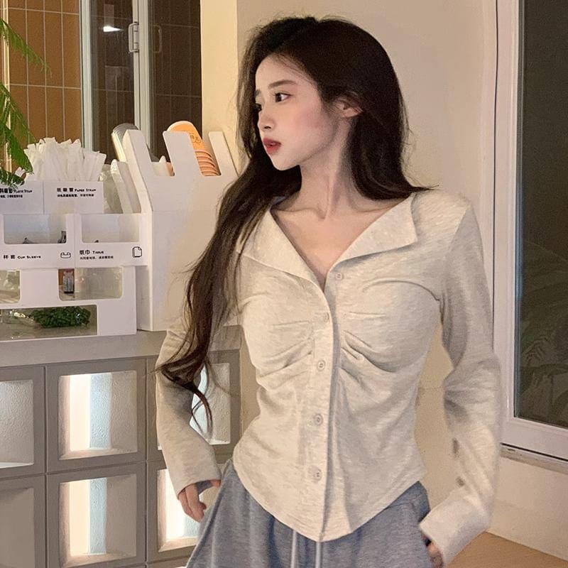 Split Neck Plain Ruched Button-Up Cardigan Product Image