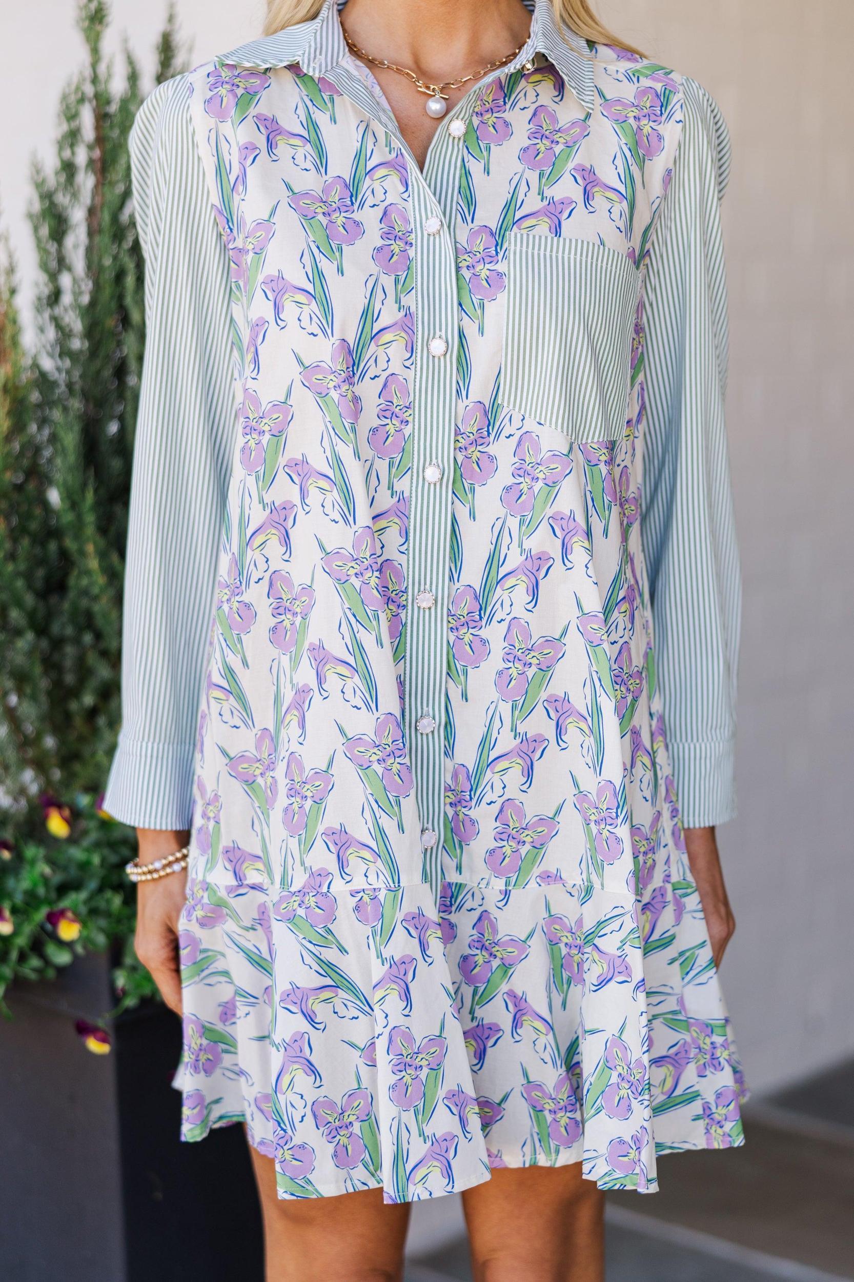 All Your Own Green Mixed Floral Shirt Dress Female Product Image