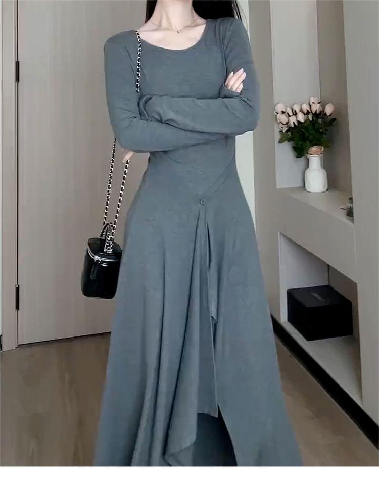 Long Sleeve Crew Neck Plain Slit Ruffle Hem A-Line Midi Dress Product Image