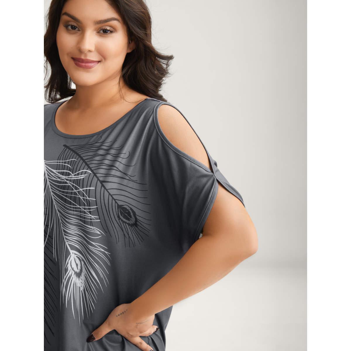 Plus Size Stretchy Feather Print Cut-Out Sleeve T-Shirt DimGray Women Non Art&design Round Neck Loose Everyday-Casual T-shirts BloomChic 18-20/2X Product Image