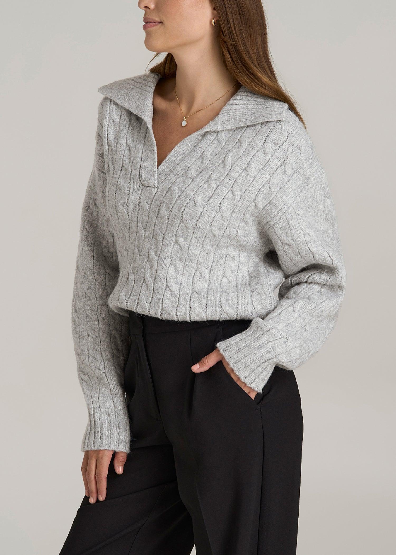 Johnny Collar Cable Knit Sweater for Tall Women in Grey Mix Product Image