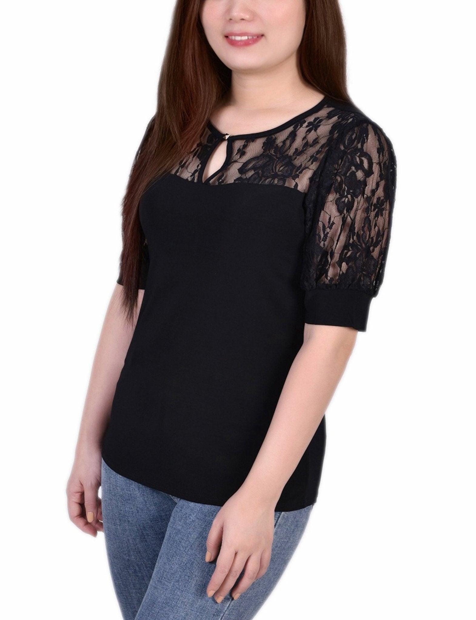 Black Short Puff Sleeve Top With Lace Sleeves And Yoke - Petite Product Image