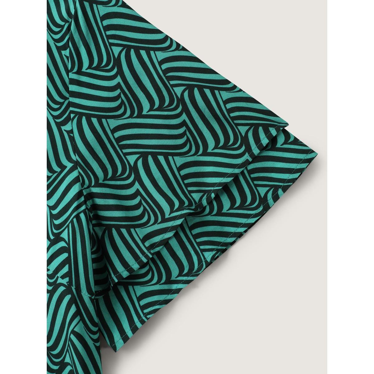 Plus Size Cyan Rayon Geometric Print Layered Sleeve Blouse Women Short sleeve Round Neck Work Blouses BloomChic 28/5X Product Image