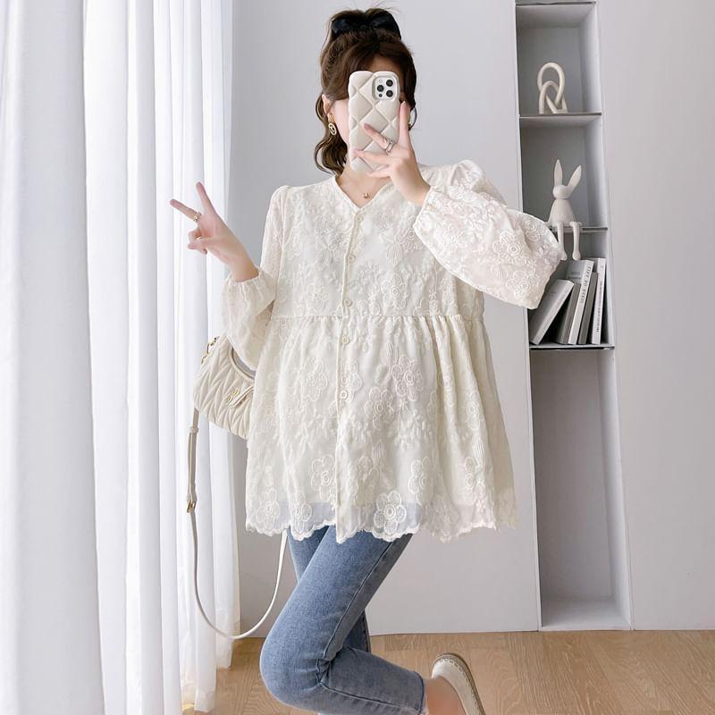 Maternity Long-Sleeve Lace Flowy Blouse Product Image