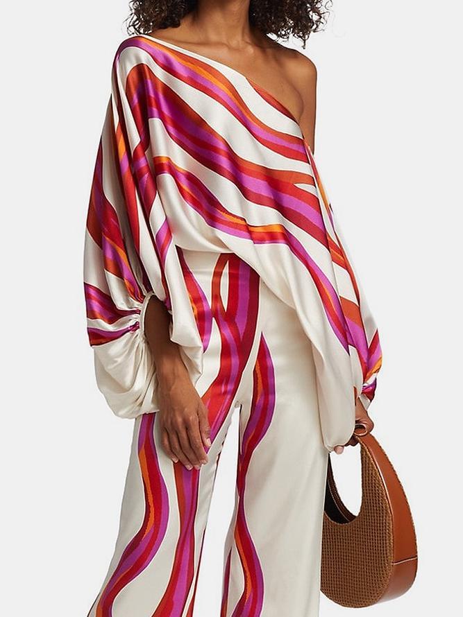 Urban Wide Leg Loose Printed Off-The-Shoulder Blouses &Casual Pants Two Pieces Set Product Image