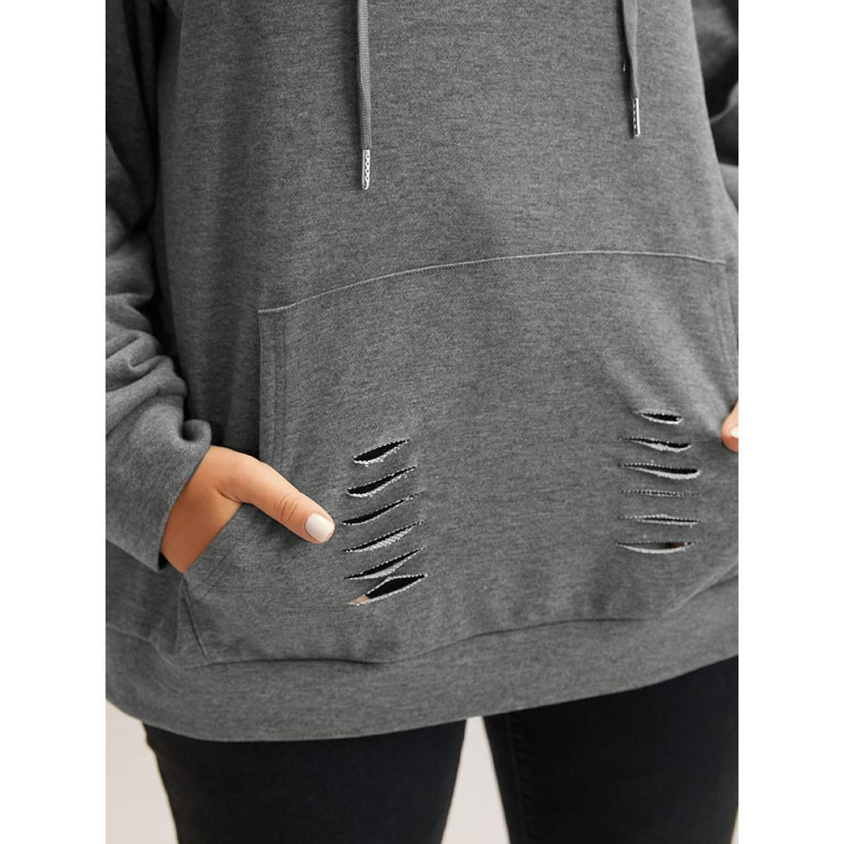 Plus Size Plain Distressed Hooded Drawstring Sweatshirt Women DimGray Casual Elastic cuffs Hooded Dailywear Sweatshirts BloomChic 26/4X Product Image