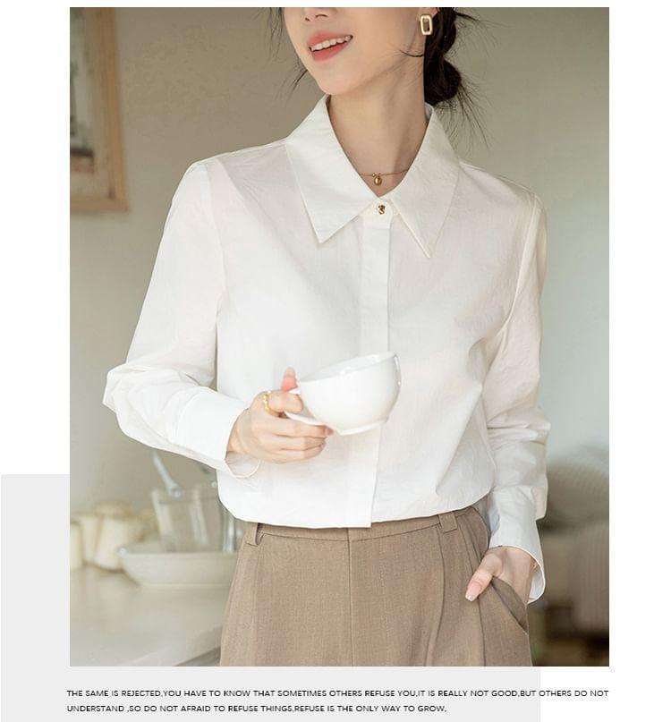 Long Sleeve Lapel Collar Plain Button Shirt Product Image