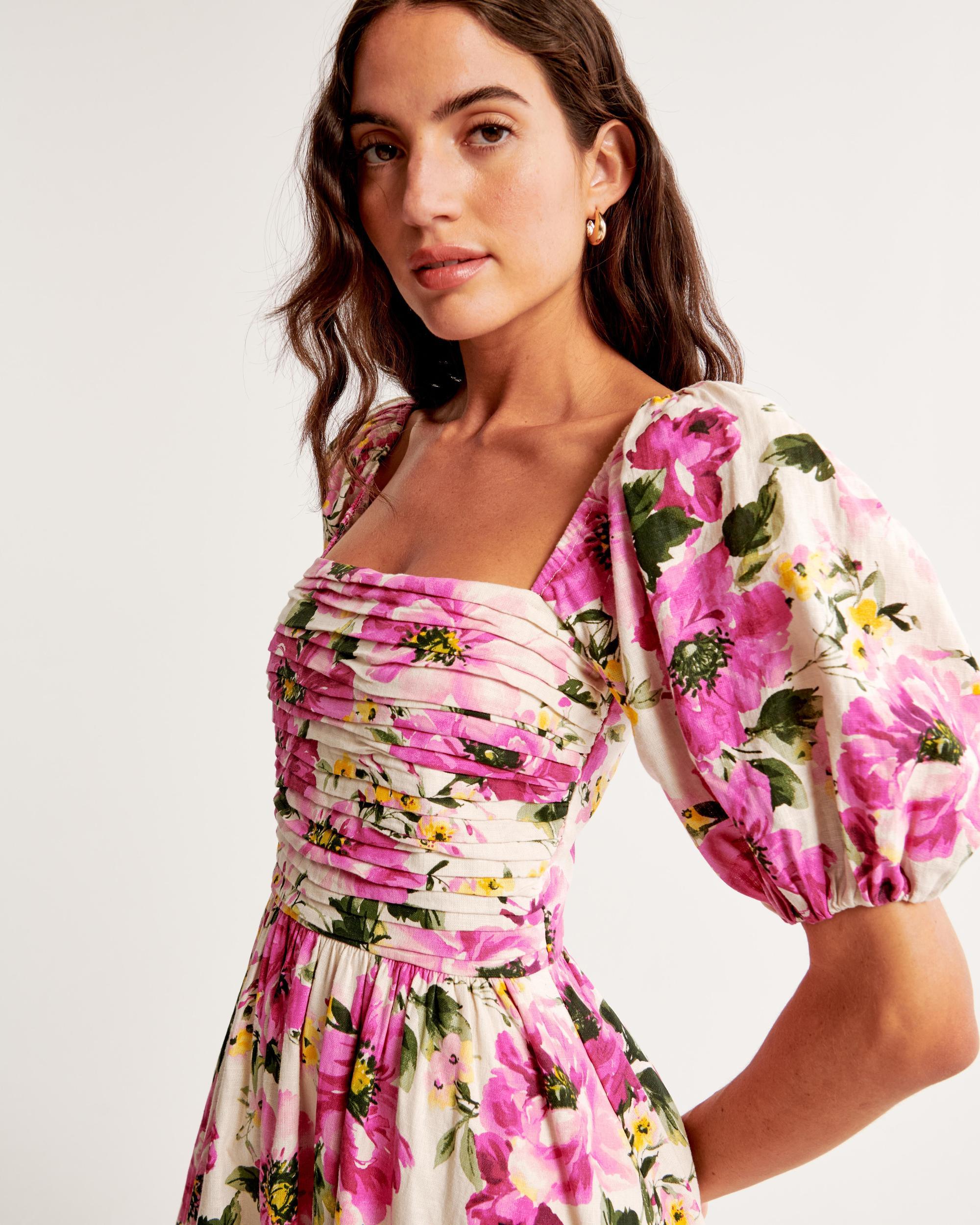 The A&F Emerson Linen-Blend Puff Sleeve Midi Dress Product Image