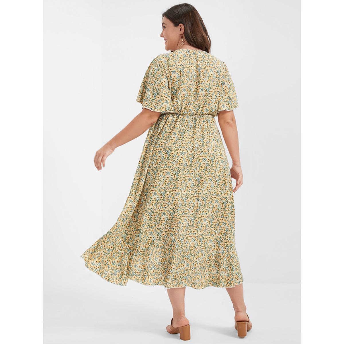 Plus Size Ditsy Floral Ruffles Ties Split V Neck Dress LightGreen Women Elegant Ruffles V-neck Short sleeve Curvy Midi Dress BloomChic 12/L Product Image