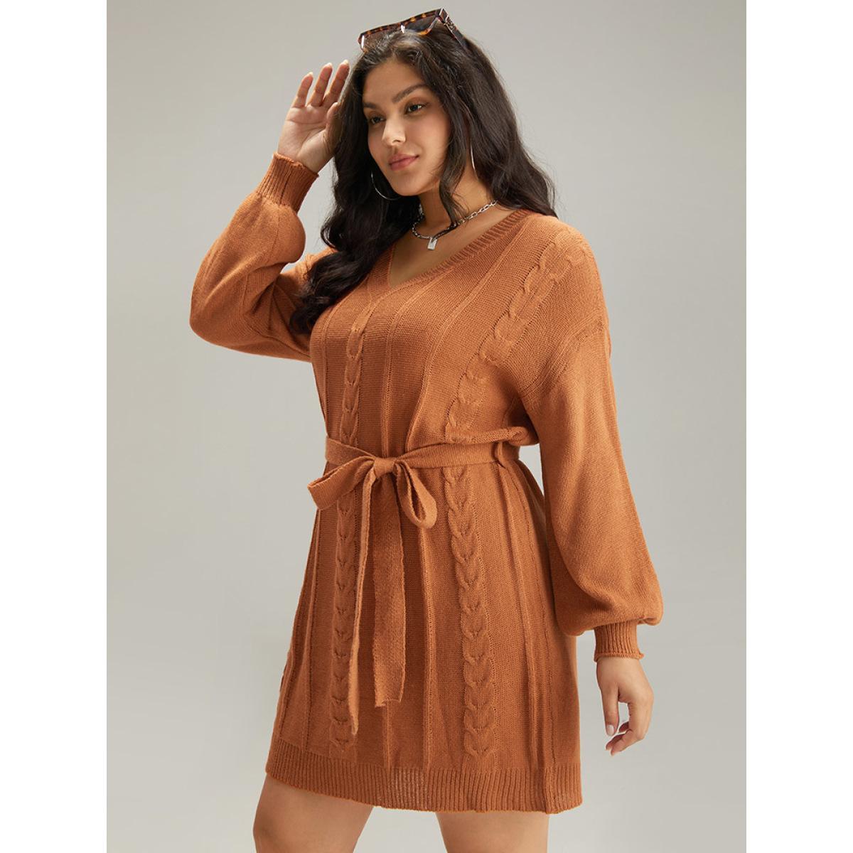 Plus Size Cable Knit Belted Lantern Sleeve Sweater Dress Chocolate Women Casual Loose Long Sleeve Dailywear Sweater Dresses BloomChic 12/L Product Image
