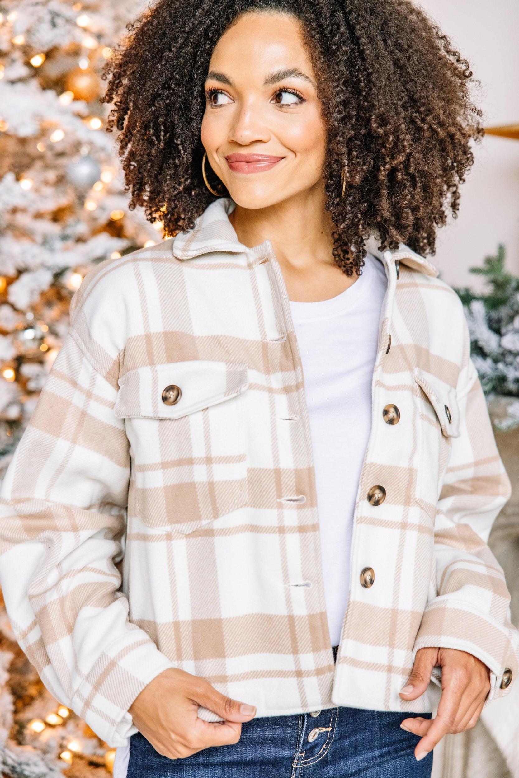 Close Ties Khaki Brown Plaid Shacket Female Product Image