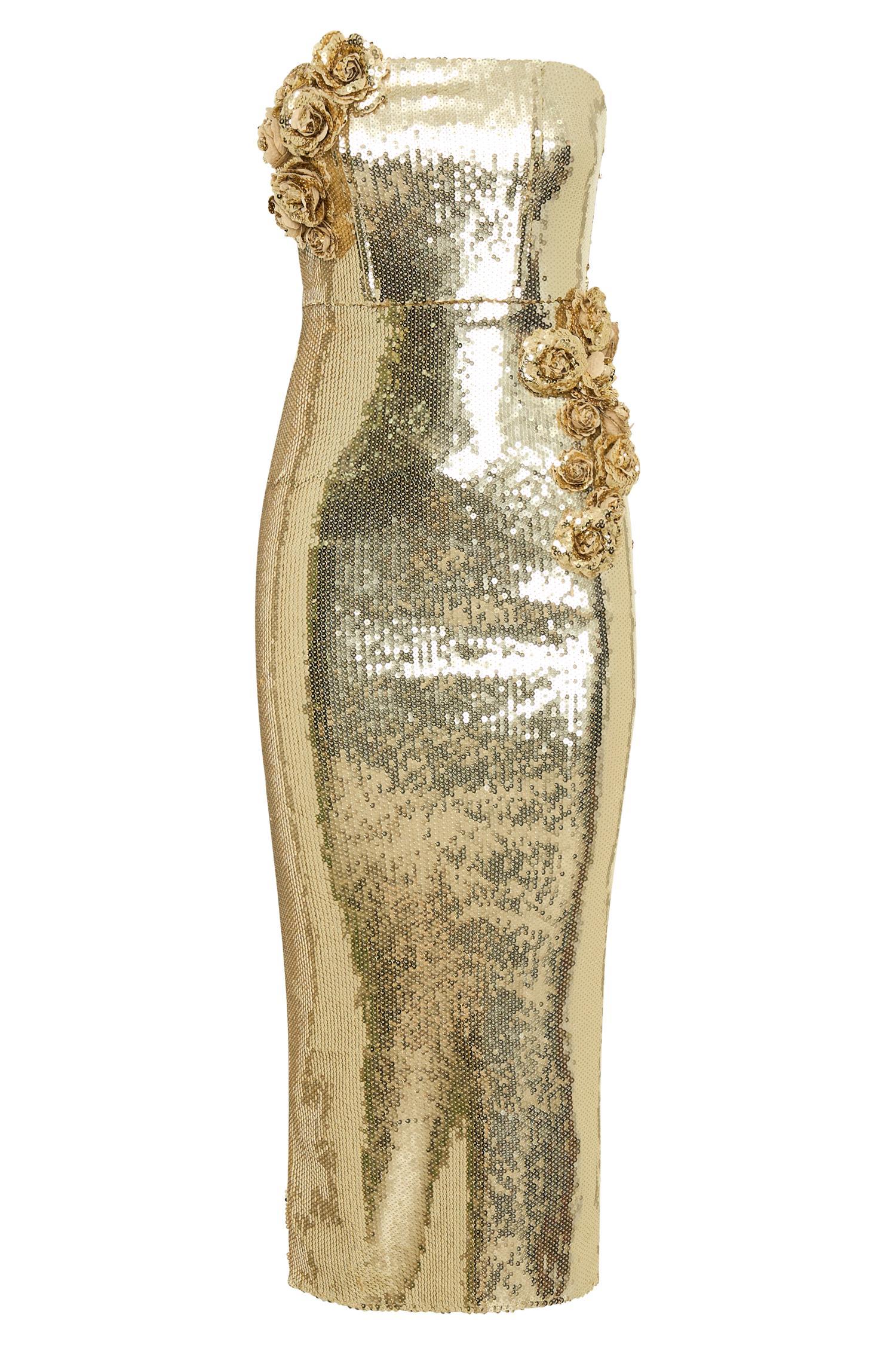 Cassia Strapless Sequin Rose Midi Dress - Gold Product Image