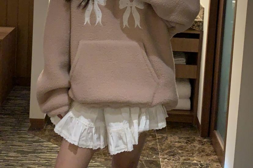 V-Neck Bow Embroidered Faux Shearling Pullover Product Image